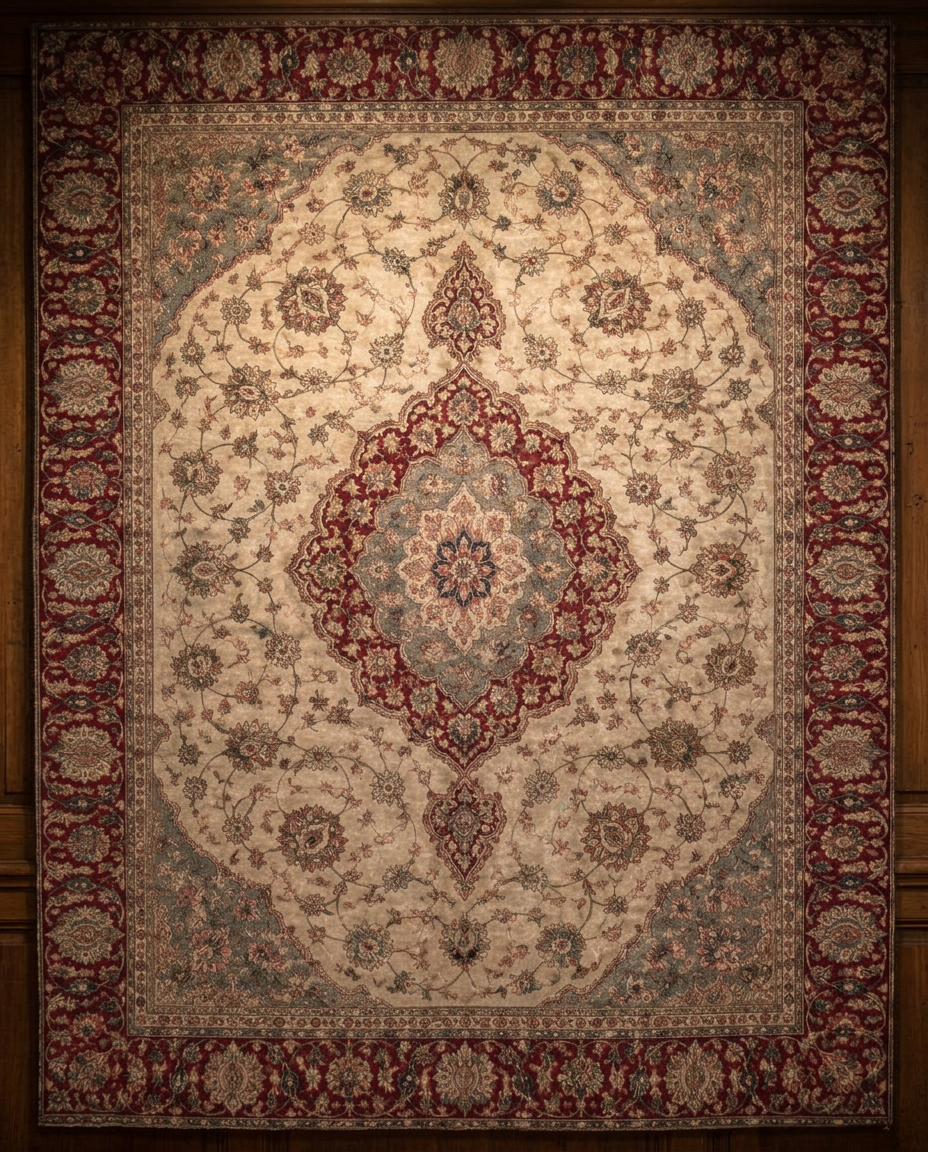 Antik persisk Isfahanmatta i ljus elfenben med röd medaljong